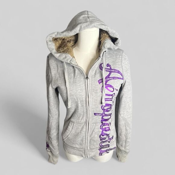 Aeropostale Grey & Purple Fur Zip Up Hoodie - Picture 1 of 9